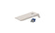 A Ledge Lounger Cornhole board with a beige rectangular surface and a round hole features two small blue and gray bags nearby, part of this fun bean bag toss set.