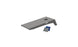 Illustration of a Ledge Lounger Cornhole set with a gray board featuring a hole in the top right corner. A blue and a gray bean bag lie before it, ready for an exciting game.