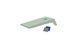 The Ledge Lounger Cornhole board, in green with a circular hole, rests on a white background. This portable set includes one blue and one gray bean bag, ideal for an impromptu game on the go.