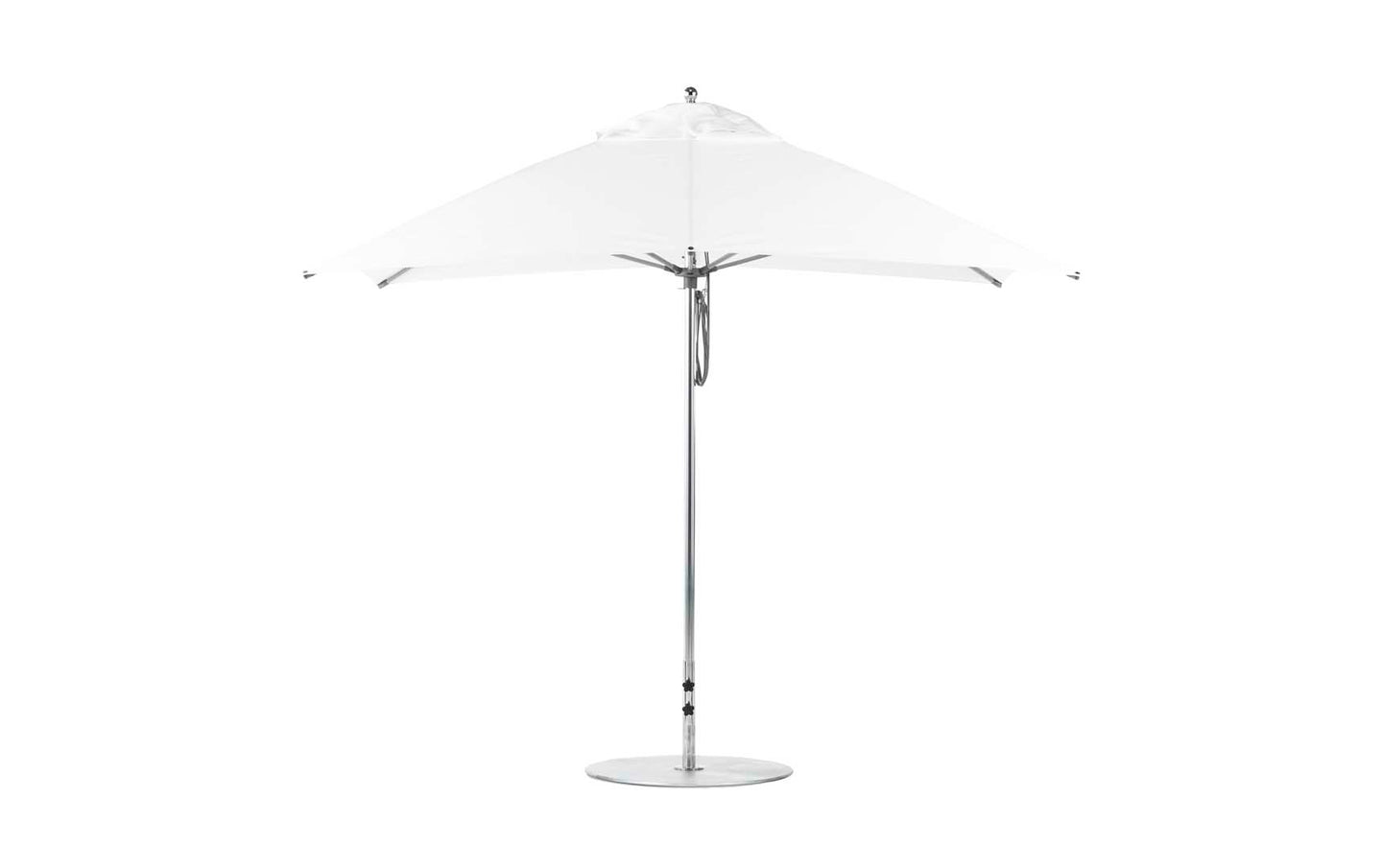 The Essential Fiberglass Umbrella - 8.5 Rectangle Pulley by Ledge Lounger features a sleek metal pole and round base when fully opened. Its minimalist design and wide, flat canopy made from marine-grade fabrics offer ample shade, while corrosion resistance ensures durability against a plain background.
