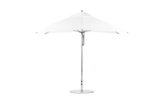 The Essential Fiberglass Umbrella - 8.5 Rectangle Pulley by Ledge Lounger features a sleek metal pole and round base when fully opened. Its minimalist design and wide, flat canopy made from marine-grade fabrics offer ample shade, while corrosion resistance ensures durability against a plain background.