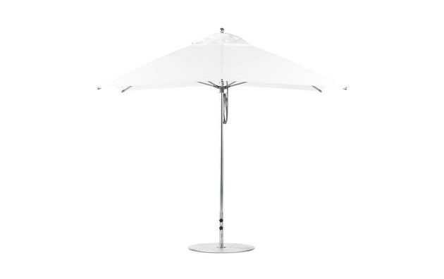 The Essential Fiberglass Umbrella - 8.5 Rectangle Pulley by Ledge Lounger features a sleek metal pole and round base when fully opened. Its minimalist design and wide, flat canopy made from marine-grade fabrics offer ample shade, while corrosion resistance ensures durability against a plain background.