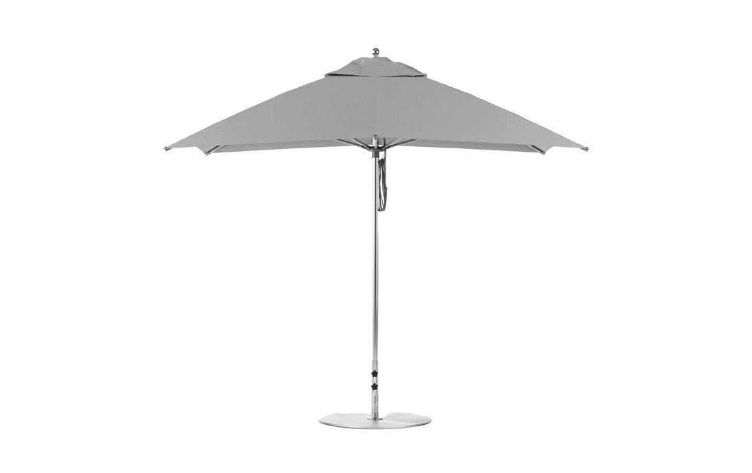 The Ledge Lounger Essential Fiberglass Umbrella - 8.5 Rectangle Pulley, featuring a metal pole and base with marine-grade fabrics, is corrosion-resistant and perfect for outdoor shade in grey.