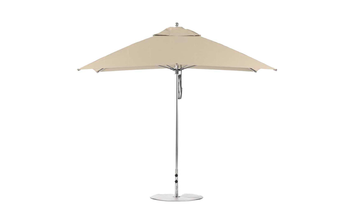 The Ledge Lounger Essential Fiberglass Umbrella - 8.5 Rectangle Pulley, viewed from the side, features a beige canopy with a silver pole and round base. Its minimalist design is crafted from wind-resistant, marine-grade fabrics, ideal for outdoor settings.