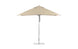 The Ledge Lounger Essential Fiberglass Umbrella - 8.5 Rectangle Pulley, viewed from the side, features a beige canopy with a silver pole and round base. Its minimalist design is crafted from wind-resistant, marine-grade fabrics, ideal for outdoor settings.