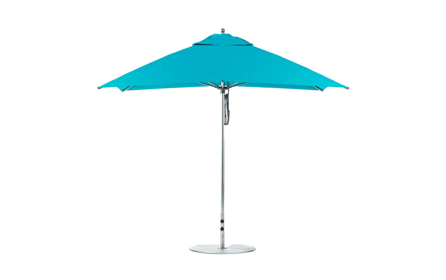 The Ledge Lounger Essential Fiberglass Umbrella features marine-grade blue fabric, a metallic pole with a circular base, and is fully open on a white background. This 8.5 rectangle pulley umbrella showcases its wind-resistant design without shadows.