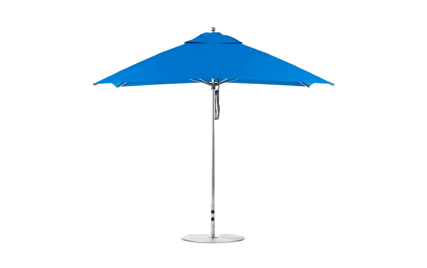 A blue Ledge Lounger Essential Fiberglass Umbrella with a silver pole and round base is open against a white background. The 8.5 rectangle pulley design features marine-grade fabrics and wind resistance for outdoor durability.