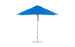 A blue Ledge Lounger Essential Fiberglass Umbrella with a silver pole and round base is open against a white background. The 8.5 rectangle pulley design features marine-grade fabrics and wind resistance for outdoor durability.