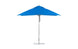 A blue Ledge Lounger Essential Fiberglass Umbrella with a silver pole and round base is open against a white background. The 8.5 rectangle pulley design features marine-grade fabrics and wind resistance for outdoor durability.