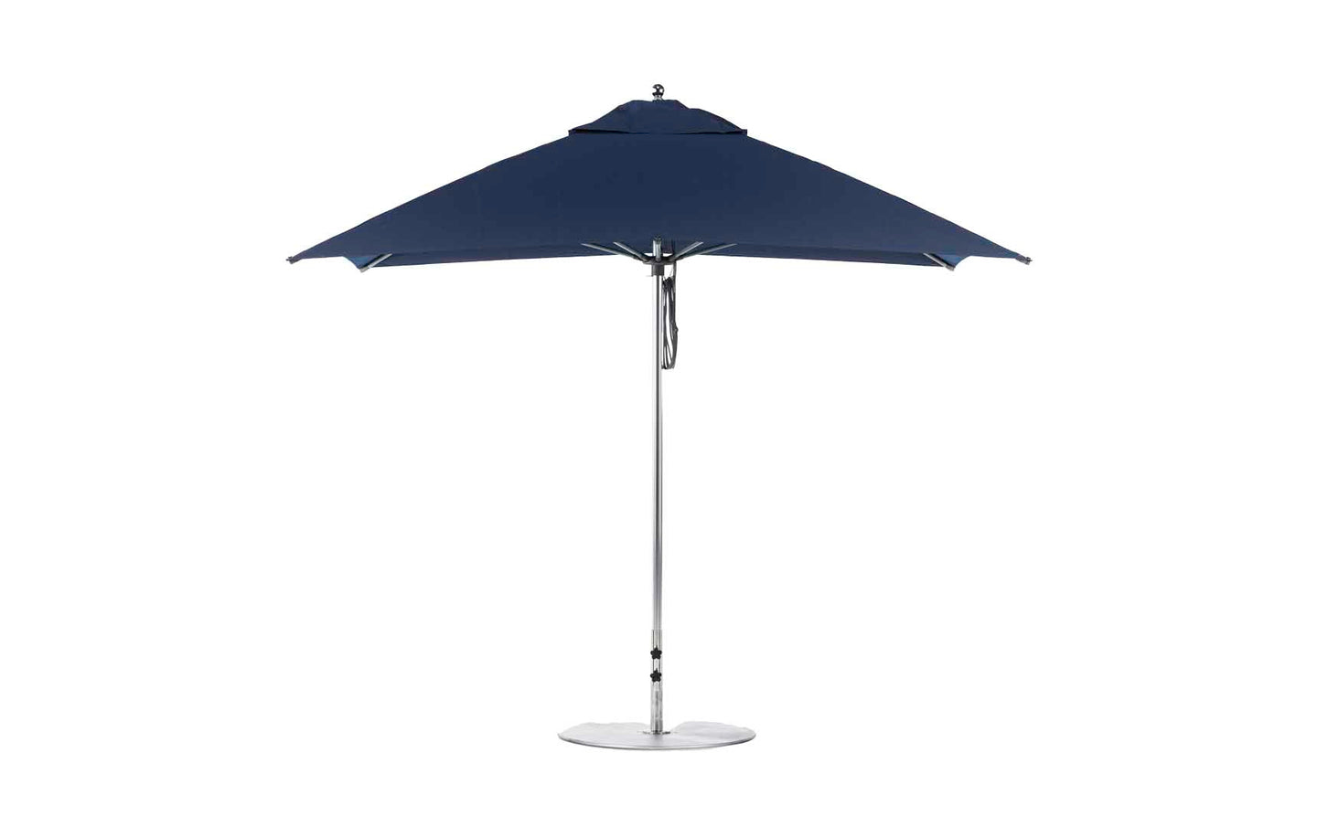 The Ledge Lounger Essential Fiberglass Umbrella, with a sleek design, features a blue 8.5 rectangle canopy and silver pole with a round base. Made from marine-grade fabrics, this wind-resistant umbrella provides perfect shade for any garden or patio setting.
