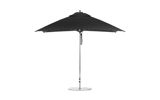 A large, black Ledge Lounger Essential Fiberglass Umbrella with an 8.5 rectangle canopy on a silver metal stand. Its wind-resistant, fully open with sturdy ribs and marine-grade fabric against a white background. The base is a flat, circular metal disc.