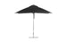 A large, black Ledge Lounger Essential Fiberglass Umbrella with an 8.5 rectangle canopy on a silver metal stand. Its wind-resistant, fully open with sturdy ribs and marine-grade fabric against a white background. The base is a flat, circular metal disc.