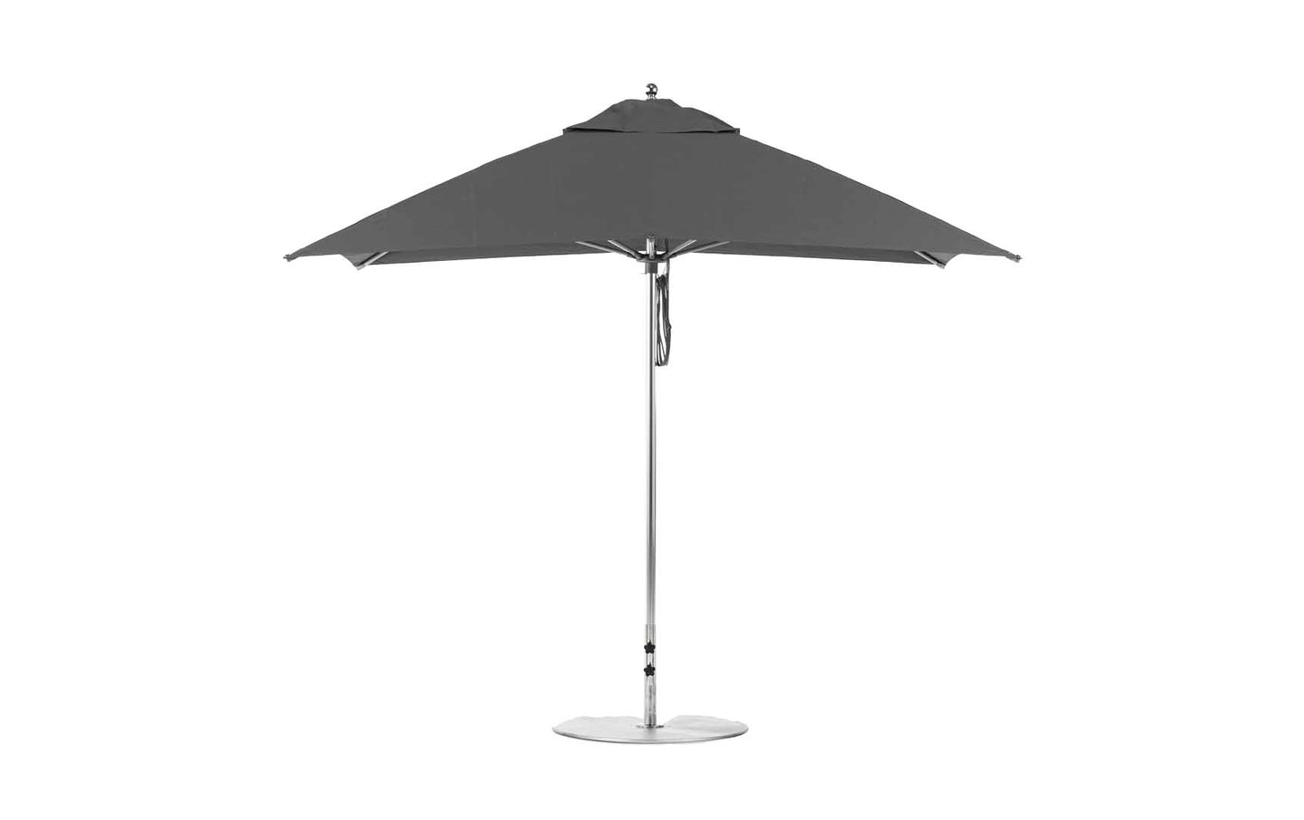 A gray Essential Fiberglass Umbrella by Ledge Lounger features an 8.5 rectangular canopy of marine-grade fabrics with a metal pole and base, standing open and upright against a white background to showcase its elegant durability.