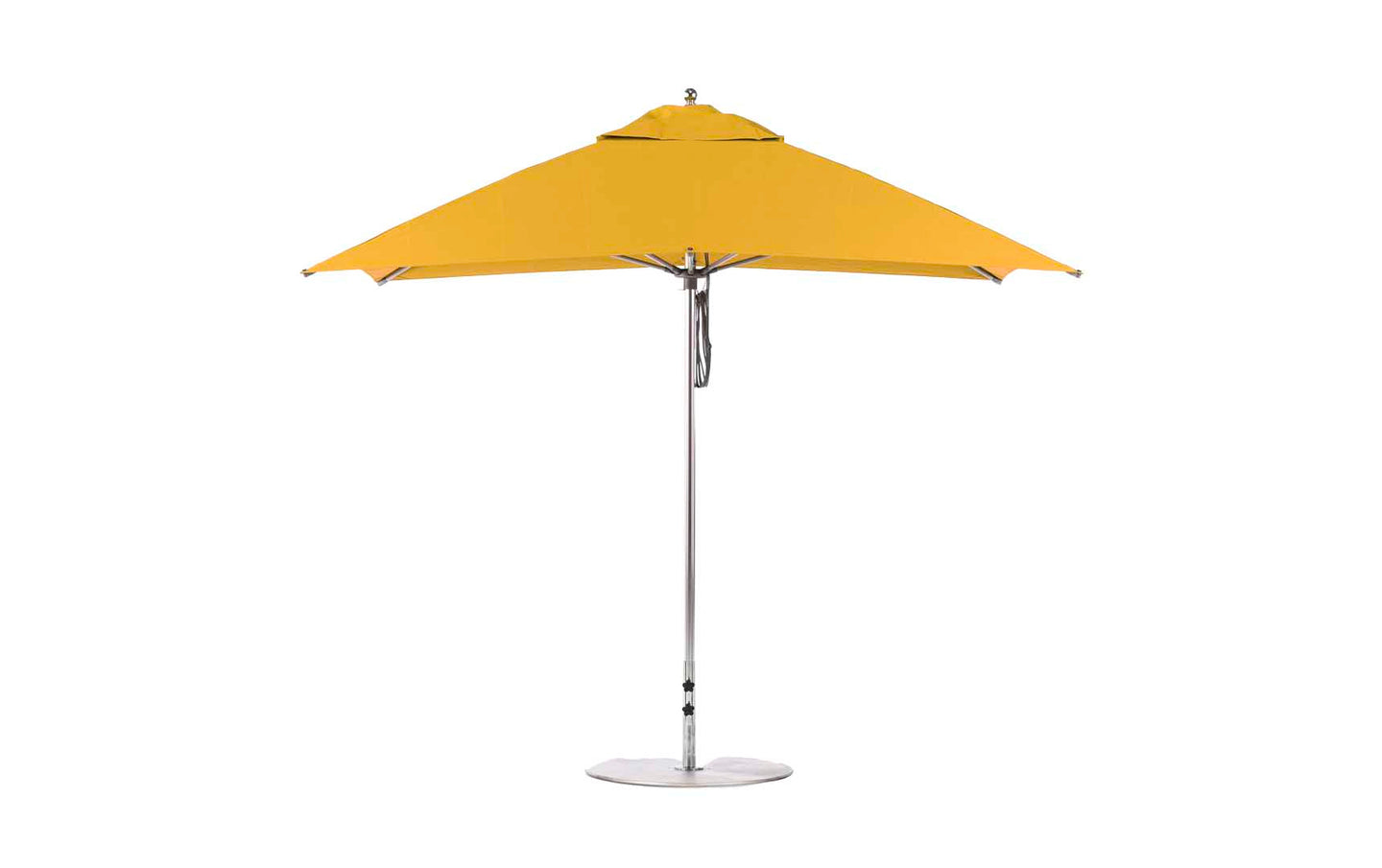 The Ledge Lounger Essential Fiberglass Umbrella features a marine-grade, corrosion-resistant yellow rectangular canopy supported by a sleek silver pole and base. Its modern design offers wide coverage suitable for any outdoor space and is enhanced with an 8.5 rectangle pulley system.