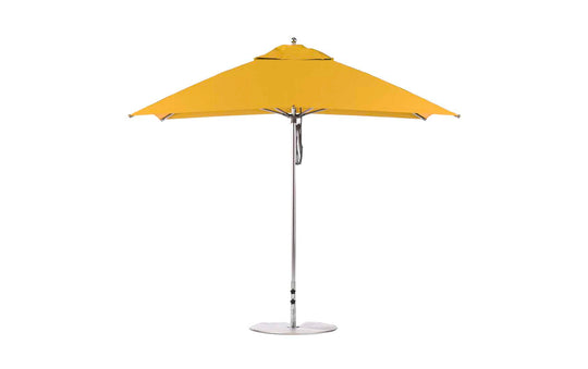 The Ledge Lounger Essential Fiberglass Umbrella features a marine-grade, corrosion-resistant yellow rectangular canopy supported by a sleek silver pole and base. Its modern design offers wide coverage suitable for any outdoor space and is enhanced with an 8.5 rectangle pulley system.
