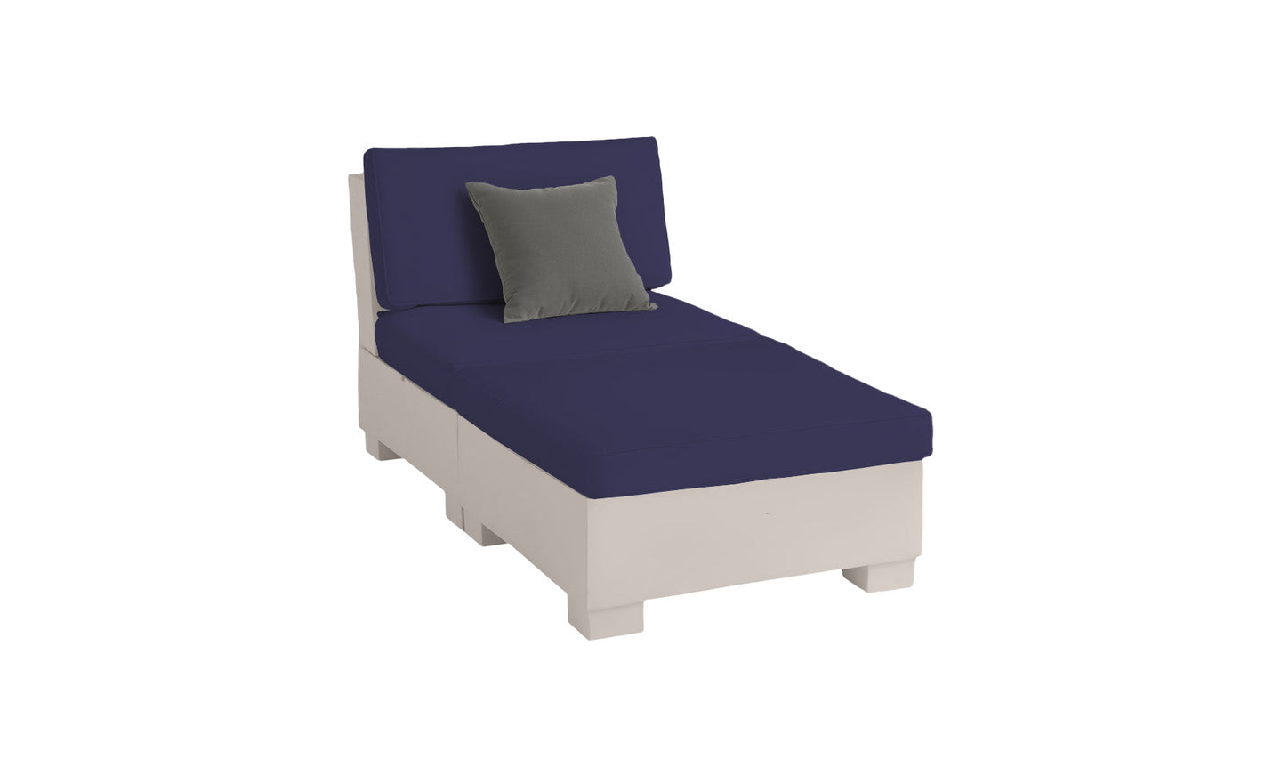 The Signature Sectional 2 Piece Sun Chair by Ledge Lounger features a cream frame, dark blue cushions, and a small gray pillow. Made from durable materials, it ensures sublime relaxation against a plain white background.