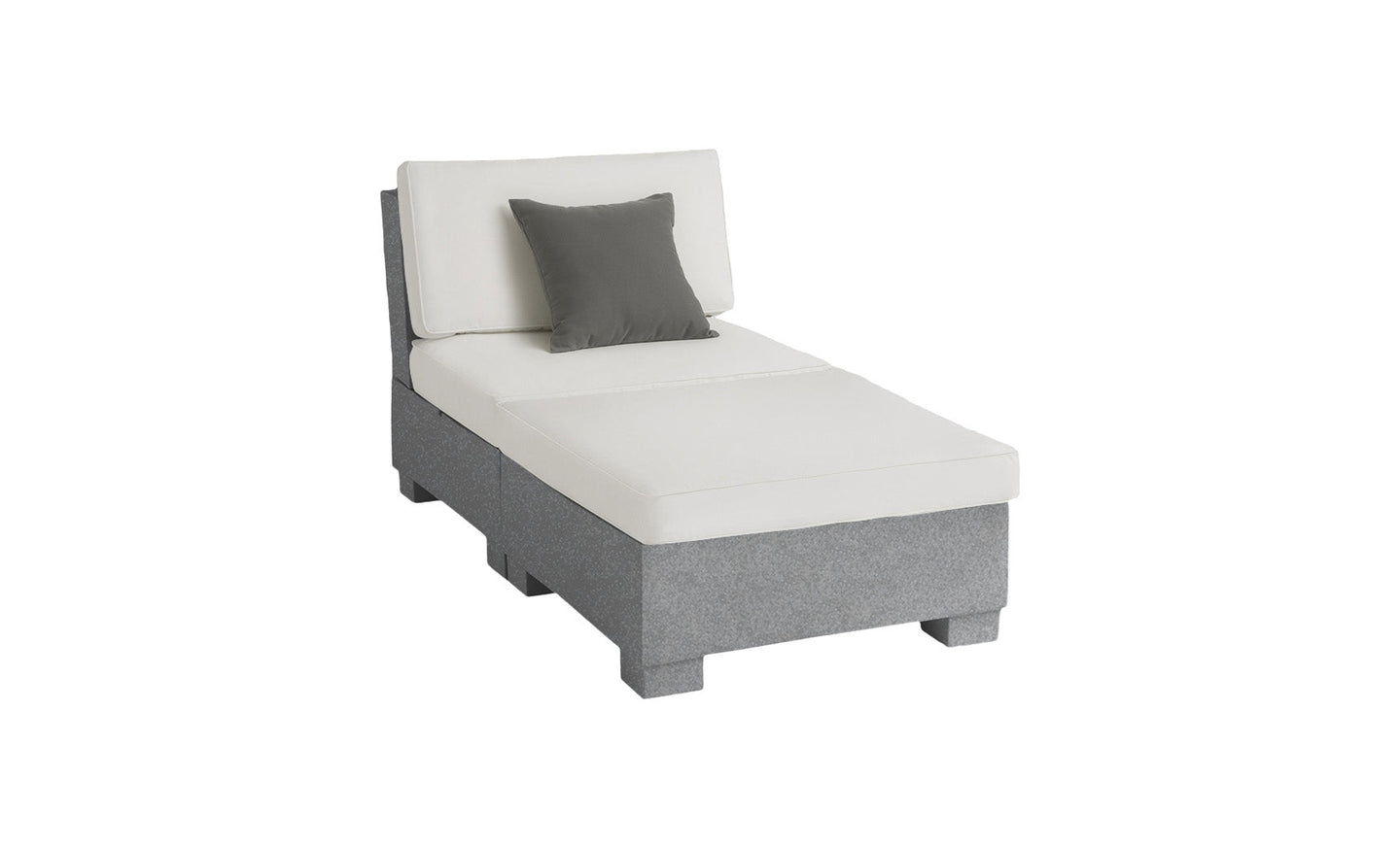 The Ledge Lounger Signature Sectional 2 Piece Sun Chair is a modern gray and white chaise lounge, featuring a dark gray accent pillow. It offers superior relaxation with its cushioned backrest and seat crafted from durable materials, supported by a sturdy base on a plain white background.