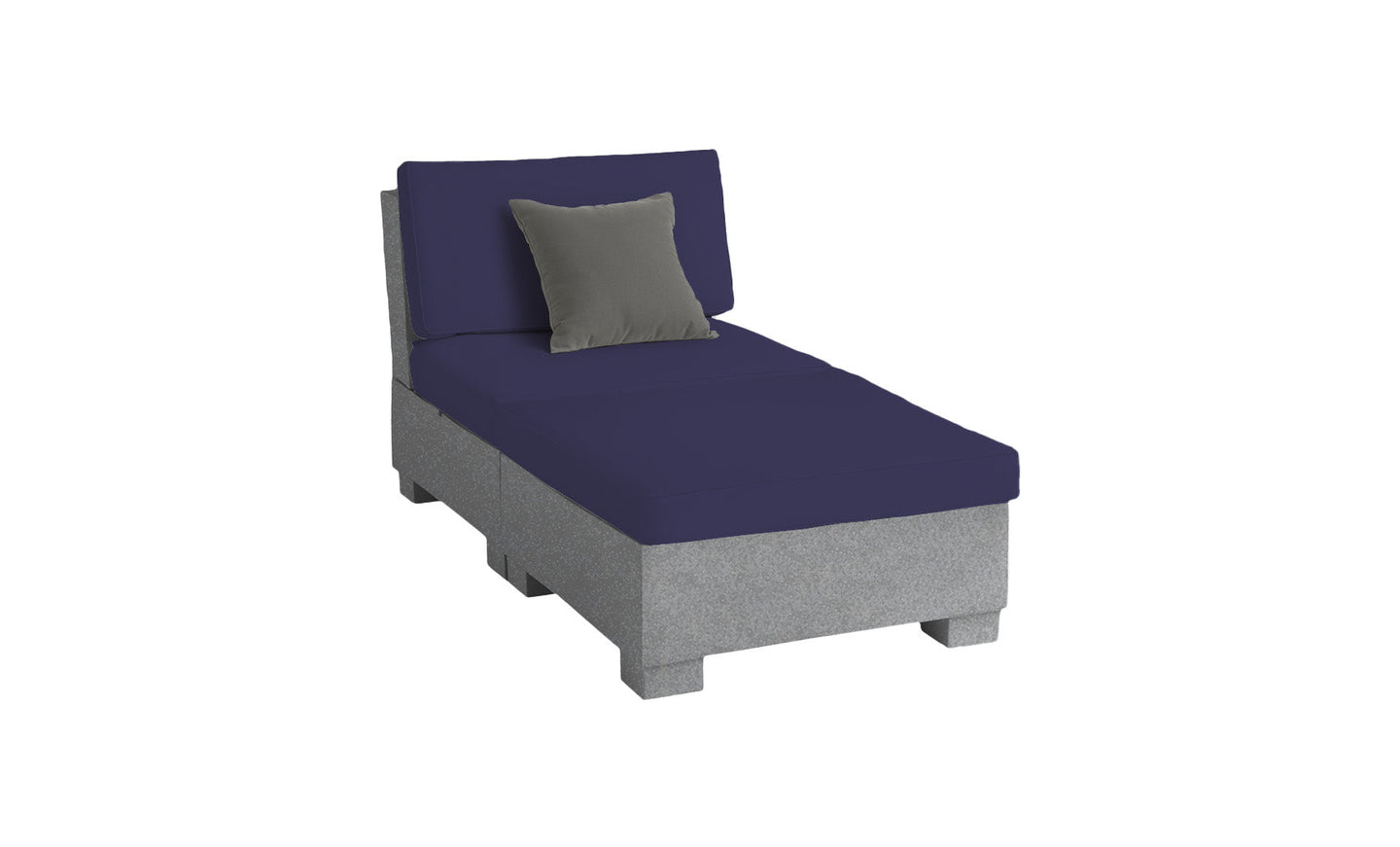 The Signature Sectional 2 Piece Sun Chair by Ledge Lounger is a gray upholstered chaise lounge with a navy blue cushion and dark gray throw pillow. Made from durable materials, this minimalist design enhances relaxation against a plain white background.