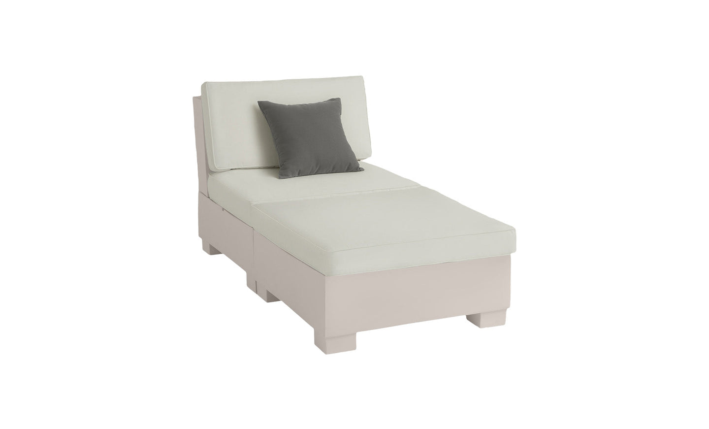 Unwind in style with the Signature Sectional 2 Piece Sun Chair by Ledge Lounger. This modern chaise lounge features a beige upholstered design, durable materials, and a single gray rectangular cushion for ultimate relaxation. Its minimalist look includes a solid base and plush seat and backrest.