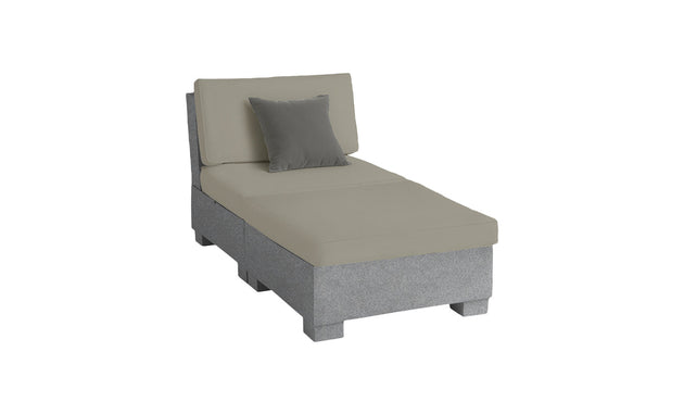 The Signature Sectional 2 Piece Sun Chair by Ledge Lounger is a modern gray chaise lounge with durable materials, a matching cushioned backrest, and a small gray pillow. Its minimalist rectangular design, elevated on block-style legs, is perfect for indoor or outdoor relaxation.