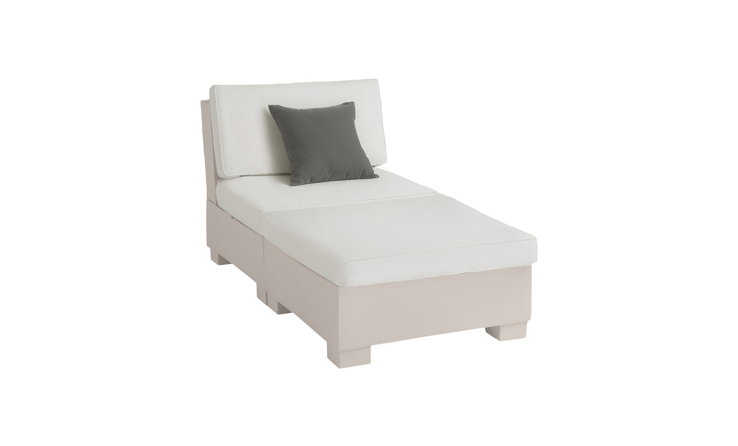 The Signature Sectional 2 Piece Sun Chair by Ledge Lounger is a modern white chaise lounge with a rectangular cushion and wide base. It features a dark gray throw pillow, offering luxury relaxation, and is set against a white background.