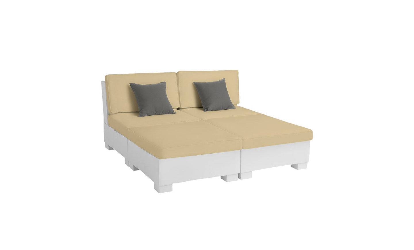 The Signature Sectional 4 Piece Sun Chair by Ledge Lounger is a beige modular sofa bed featuring two gray throw pillows, designed for relaxation with its minimalist aesthetic. Set on a white platform, it offers spacious seating, ideal for lounging or sleeping in its flat position against a serene white background.