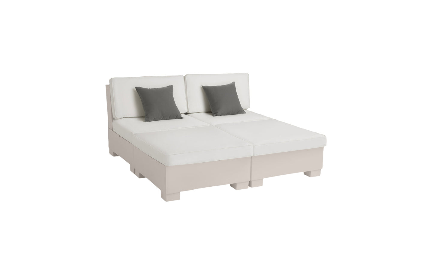 The Signature Sectional 4 Piece Sun Chair by Ledge Lounger is a white modular sofa with spacious seating for two, featuring two seats and backs, plus gray square pillows for ultimate relaxation.