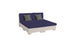The Signature Sectional 4 Piece Sun Chair by Ledge Lounger has a cream base with navy cushions, two backrests, and two gray throw pillows. It offers spacious seating or can be arranged as a bed, seen on a white background. Perfect for relaxation.