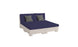 The Signature Sectional 4 Piece Sun Chair by Ledge Lounger has a cream base with navy cushions, two backrests, and two gray throw pillows. It offers spacious seating or can be arranged as a bed, seen on a white background. Perfect for relaxation.
