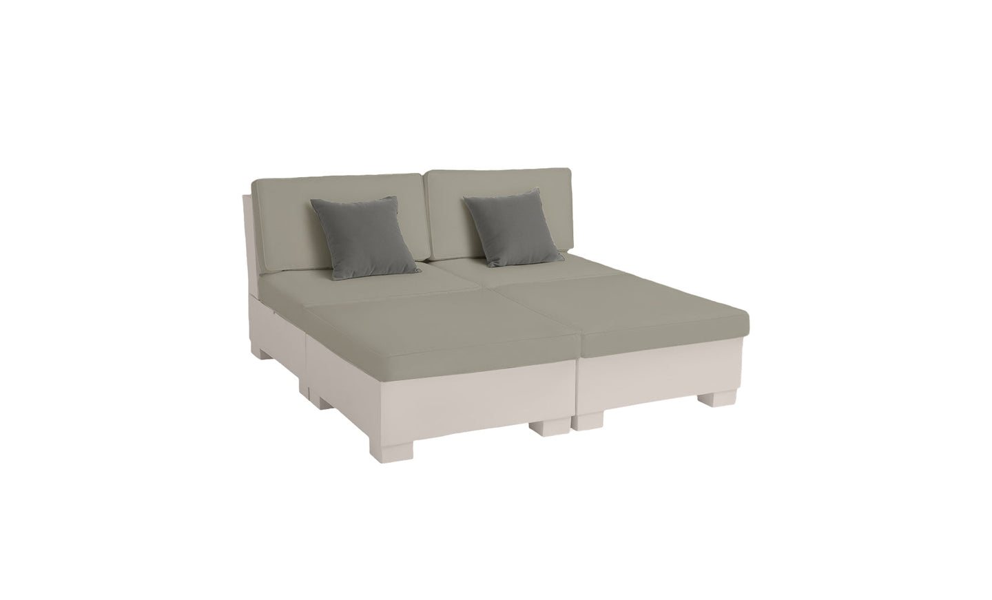 The Signature Sectional 4 Piece Sun Chair by Ledge Lounger is a modular light gray sofa with spacious seating, two large back cushions, and two smaller dark gray throw pillows. It boasts a modern blocky design with short legs, set against a white background.
