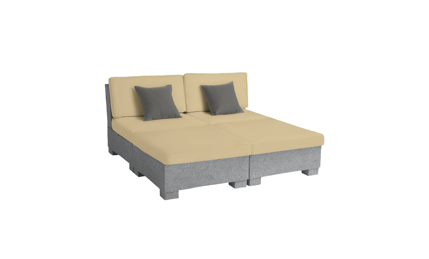 The Signature Sectional 4 Piece Sun Chair by Ledge Lounger features a modular design with beige cushions, gray base, and two gray throw pillows. Resembling two conjoined lounge chairs, it provides spacious seating for relaxation.