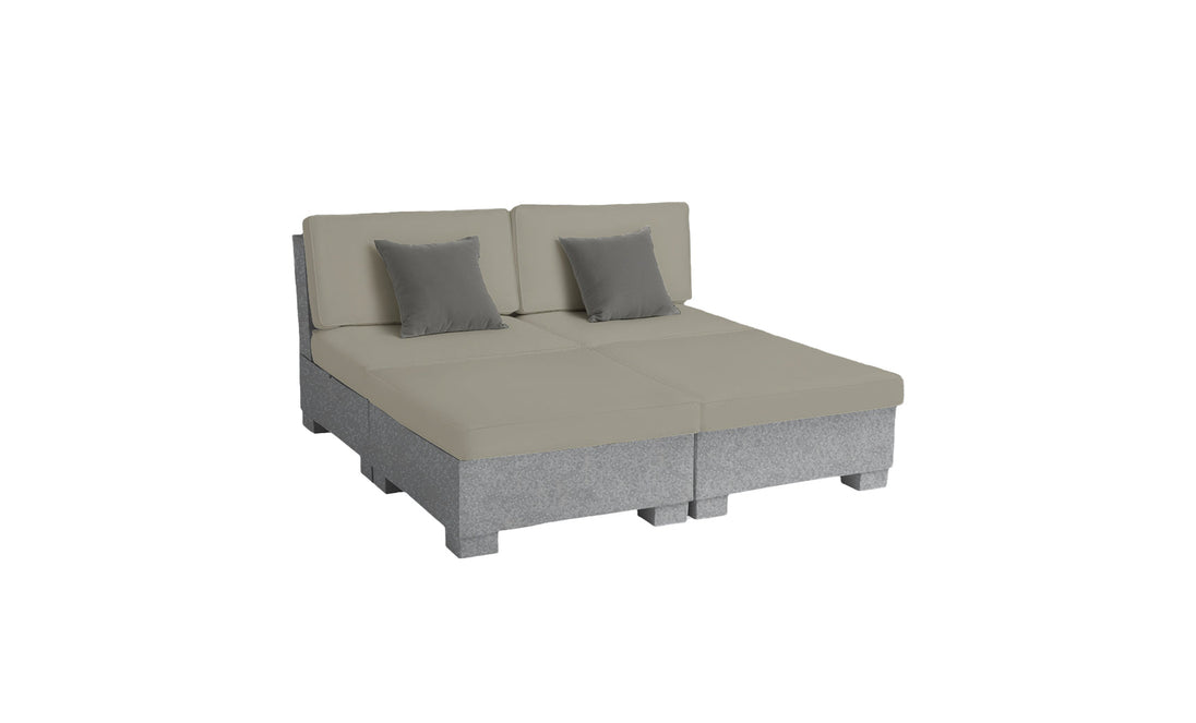 The Signature Sectional 4 Piece Sun Chair by Ledge Lounger is a modular gray and beige sofa with square cushions on a white background, featuring two sections each with two dark gray backrest cushions. It offers spacious seating in a sleek, modern design inviting relaxation.
