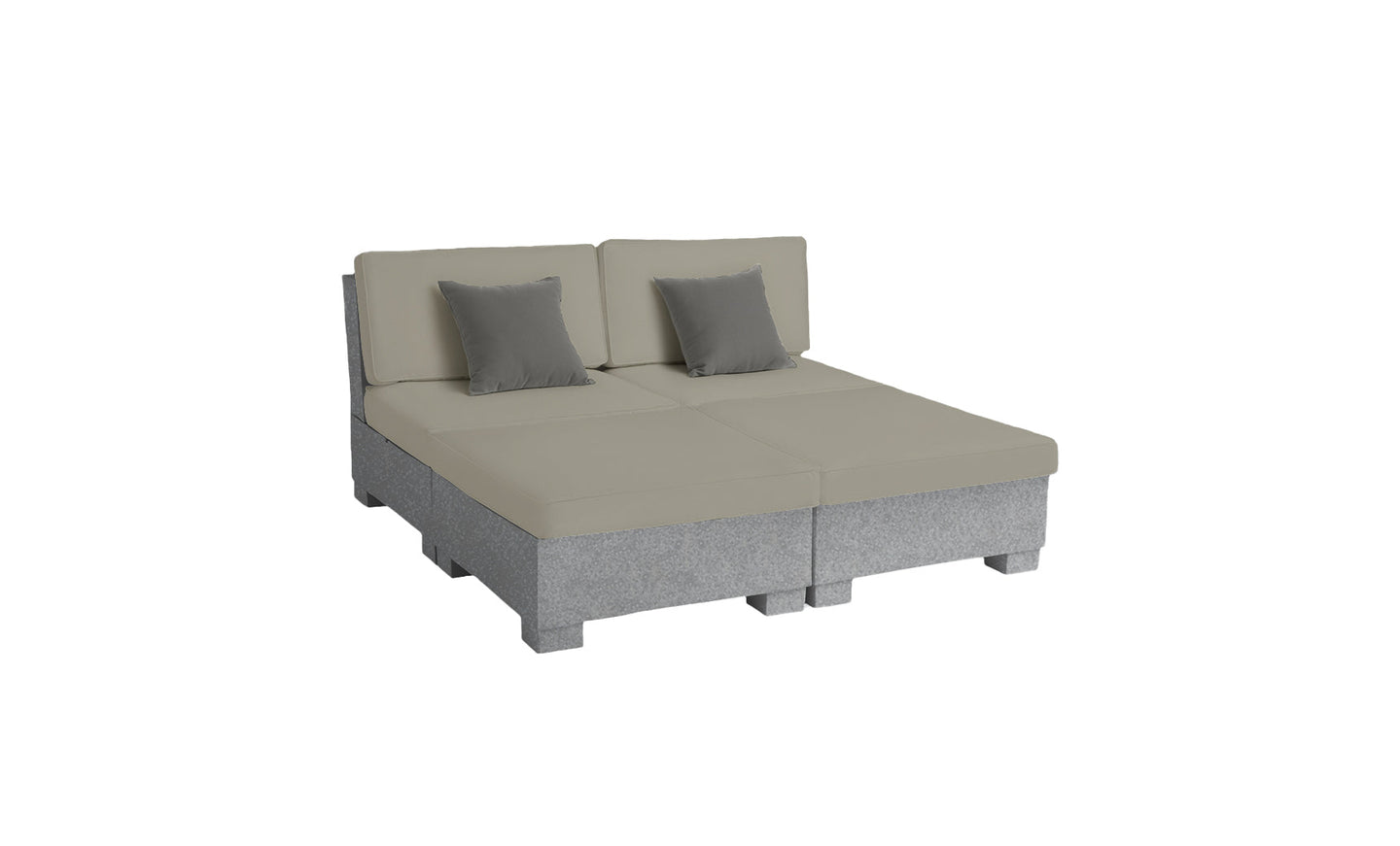 The Signature Sectional 4 Piece Sun Chair by Ledge Lounger is a modular gray and beige sofa with square cushions on a white background, featuring two sections each with two dark gray backrest cushions. It offers spacious seating in a sleek, modern design inviting relaxation.