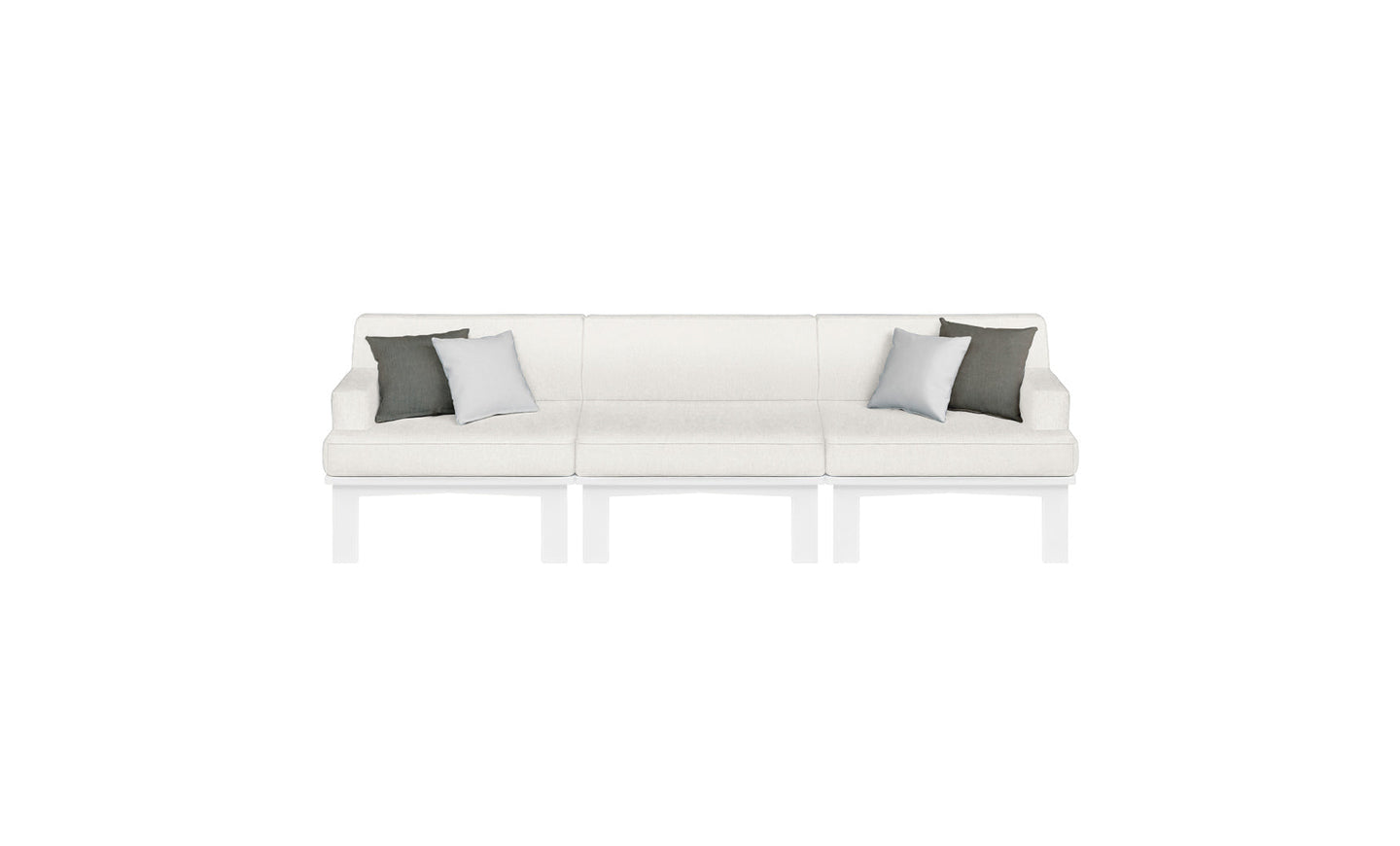 The Ledge Lounger Mainstay Sectional 3 Piece Sofa, featuring a modern design and white finish with two gray and one white cushion, enhances any outdoor area with its minimalist style, creating a serene atmosphere against a pristine backdrop.