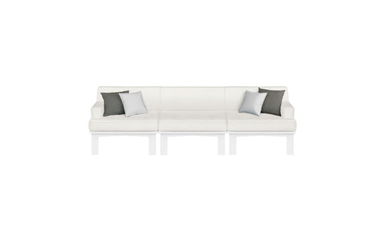 The Ledge Lounger Mainstay Sectional 3 Piece Sofa, featuring a modern design and white finish with two gray and one white cushion, enhances any outdoor area with its minimalist style, creating a serene atmosphere against a pristine backdrop.
