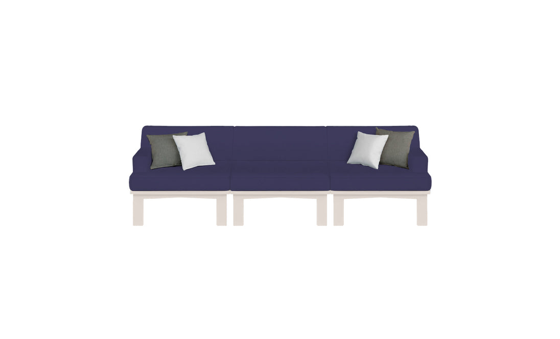 The Mainstay Sectional 3 Piece Sofa by Ledge Lounger is a modular blue outdoor set with three white and two gray cushions, featuring light-colored legs. Its symmetrical design against a plain white background perfectly elevates any outdoor space.