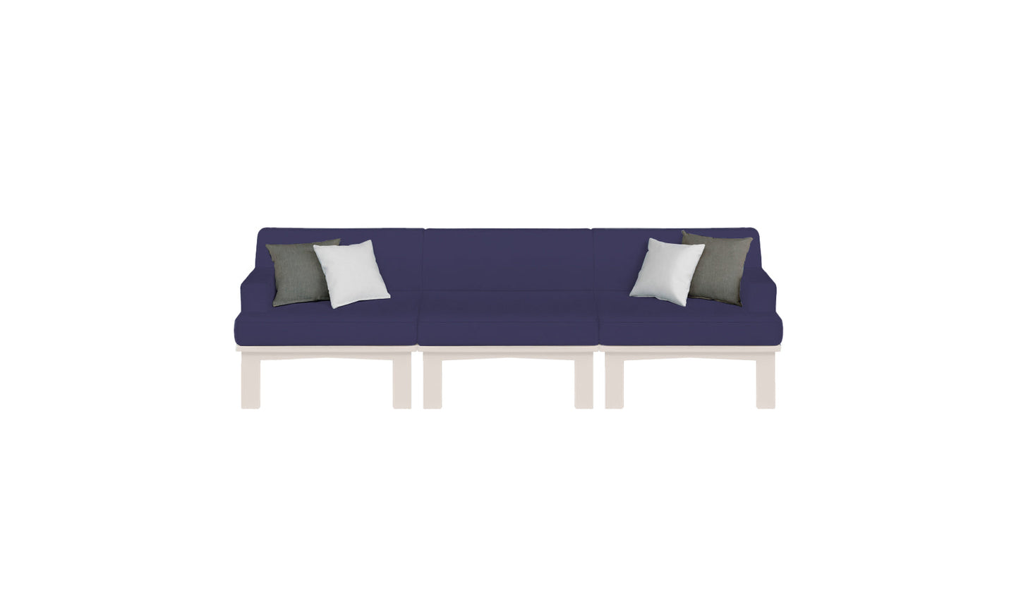 The Mainstay Sectional 3 Piece Sofa by Ledge Lounger is a modular blue outdoor set with three white and two gray cushions, featuring light-colored legs. Its symmetrical design against a plain white background perfectly elevates any outdoor space.