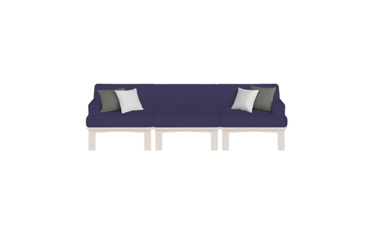 The Mainstay Sectional 3 Piece Sofa by Ledge Lounger is a modular blue outdoor set with three white and two gray cushions, featuring light-colored legs. Its symmetrical design against a plain white background perfectly elevates any outdoor space.