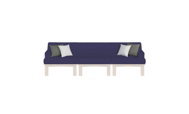 The Mainstay Sectional 3 Piece Sofa by Ledge Lounger is a modular blue outdoor set with three white and two gray cushions, featuring light-colored legs. Its symmetrical design against a plain white background perfectly elevates any outdoor space.
