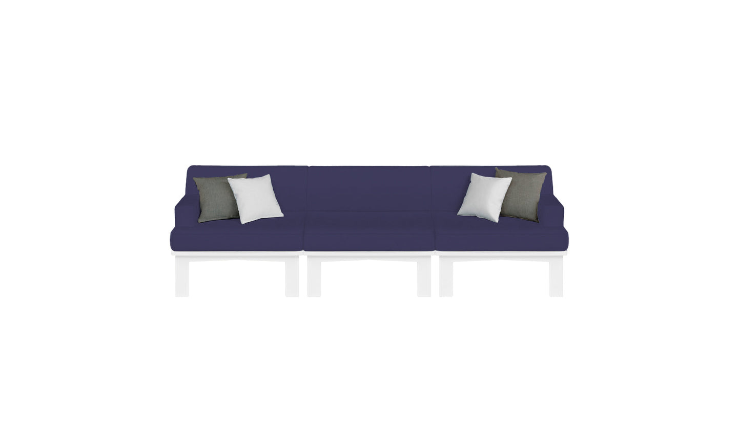 The Mainstay Sectional 3 Piece Sofa by Ledge Lounger is a long, dark blue sectional with three sections and white legs. It features two white and two dark gray throw pillows symmetrically placed against a plain white background.