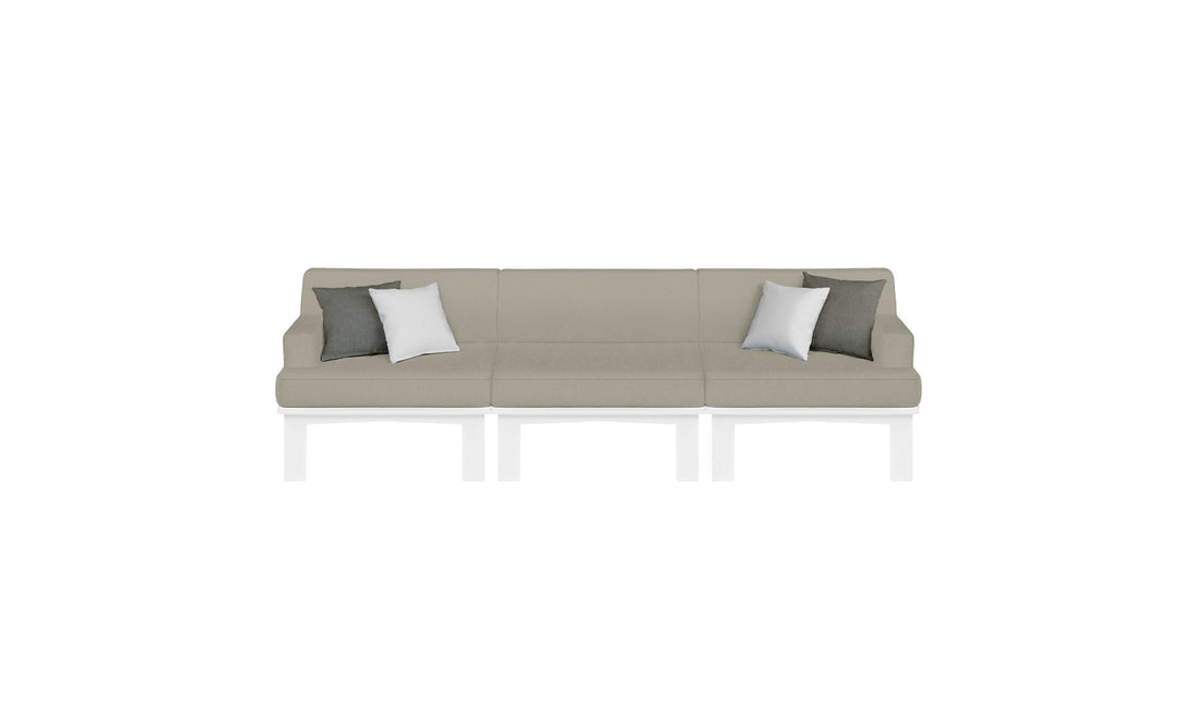 The Mainstay Sectional 3 Piece Sofa by Ledge Lounger is a modern, light gray modular piece with three sections and white legs. Perfect for any outdoor area, each end has a white and a gray cushion. Framed against a plain white background, it seamlessly combines style and versatility.