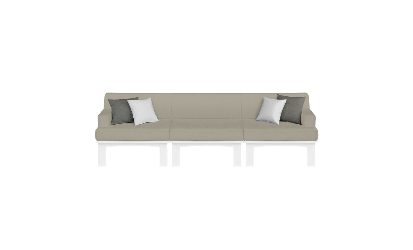 The Mainstay Sectional 3 Piece Sofa by Ledge Lounger is a modern, light gray modular piece with three sections and white legs. Perfect for any outdoor area, each end has a white and a gray cushion. Framed against a plain white background, it seamlessly combines style and versatility.