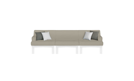The Mainstay Sectional 3 Piece Sofa by Ledge Lounger is a modern, light gray modular piece with three sections and white legs. Perfect for any outdoor area, each end has a white and a gray cushion. Framed against a plain white background, it seamlessly combines style and versatility.
