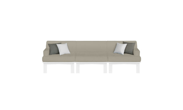 The Mainstay Sectional 3 Piece Sofa by Ledge Lounger is a modern, light gray modular piece with three sections and white legs. Perfect for any outdoor area, each end has a white and a gray cushion. Framed against a plain white background, it seamlessly combines style and versatility.