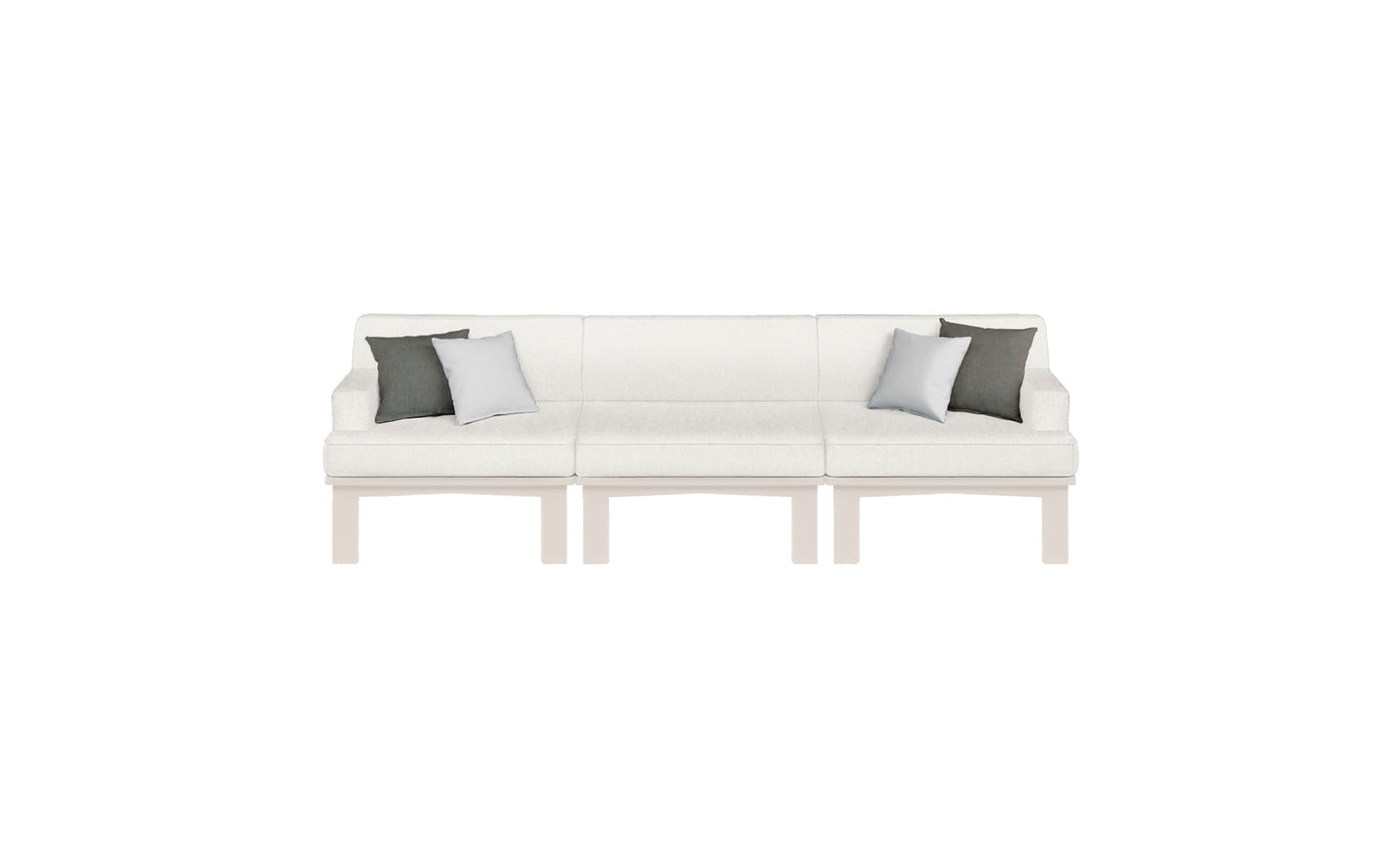 The Ledge Lounger Mainstay Sectional 3 Piece Sofa, with a modern white design and wooden legs, adds style to outdoor spaces. It includes two dark gray pillows and one light gray pillow, all set against a plain white background.