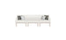 The Ledge Lounger Mainstay Sectional 3 Piece Sofa, with a modern white design and wooden legs, adds style to outdoor spaces. It includes two dark gray pillows and one light gray pillow, all set against a plain white background.