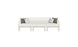 The Ledge Lounger Mainstay Sectional 3 Piece Sofa, with a modern white design and wooden legs, adds style to outdoor spaces. It includes two dark gray pillows and one light gray pillow, all set against a plain white background.