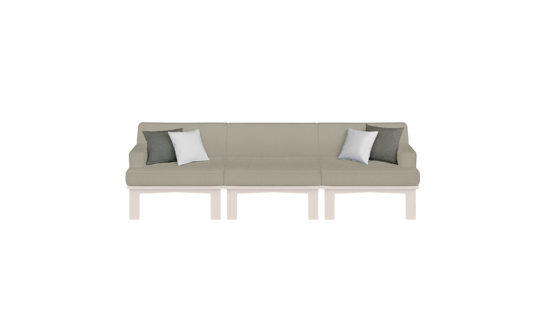 The Mainstay Sectional 3 Piece Sofa by Ledge Lounger, ideal for outdoor spaces, boasts light green upholstery and includes two gray and white accent pillows. Its minimalist design with clean lines and simple wooden legs makes it perfect for your patio or garden.
