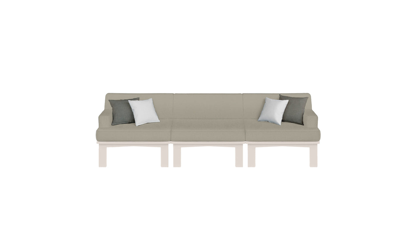 The Mainstay Sectional 3 Piece Sofa by Ledge Lounger, ideal for outdoor spaces, boasts light green upholstery and includes two gray and white accent pillows. Its minimalist design with clean lines and simple wooden legs makes it perfect for your patio or garden.