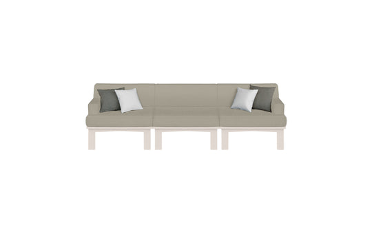 The Mainstay Sectional 3 Piece Sofa by Ledge Lounger, ideal for outdoor spaces, boasts light green upholstery and includes two gray and white accent pillows. Its minimalist design with clean lines and simple wooden legs makes it perfect for your patio or garden.